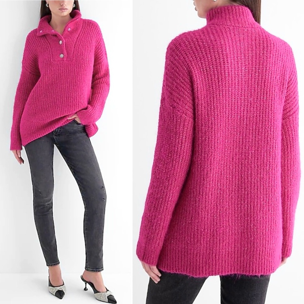 Express Fuzzy Knit Quarter Snap Sweater Embellished Buttons Mock Neck - Picture 4 of 13